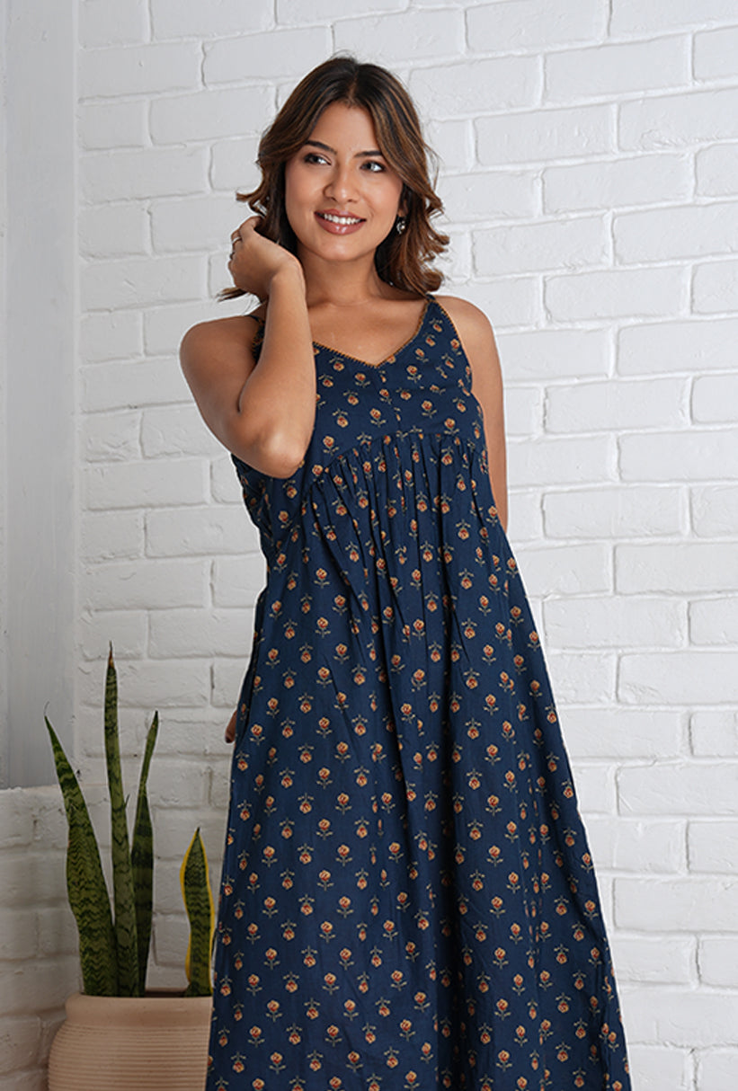 Strappy Mahi Dress with Embroidery Detail in Jaipur Prints