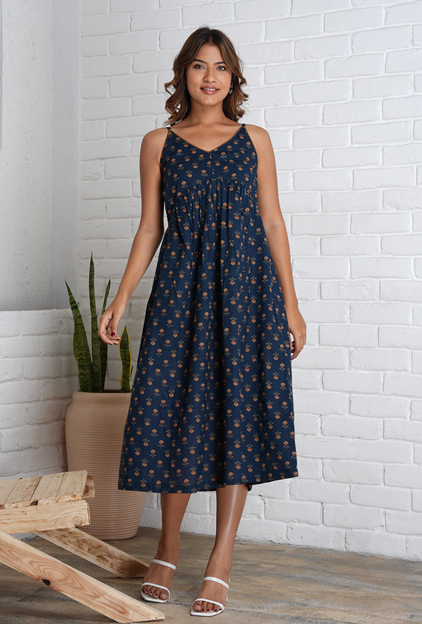 Strappy Mahi Dress with Embroidery Detail in Jaipur Prints