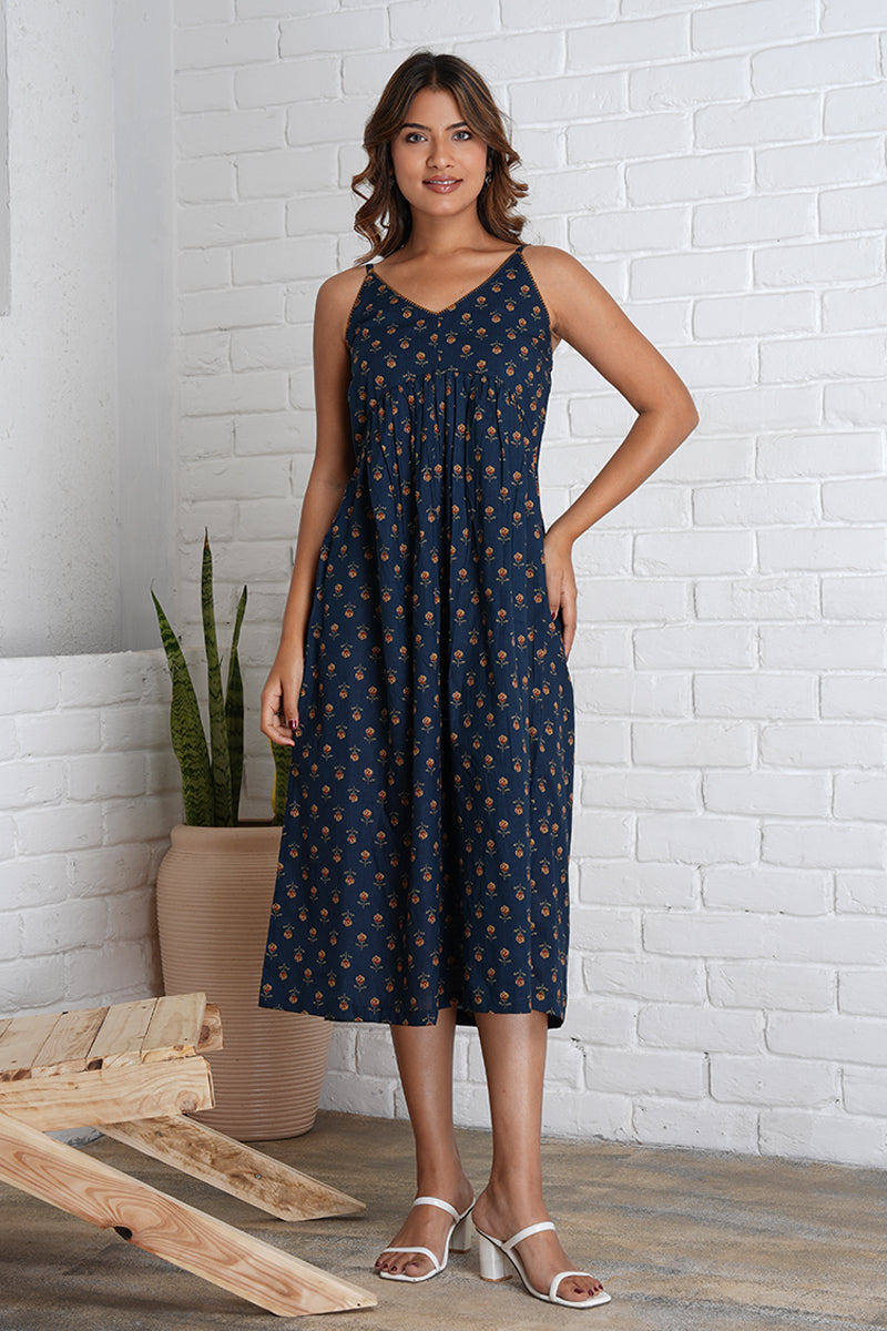 Strappy Mahi Dress with Embroidery Detail in Jaipur Prints