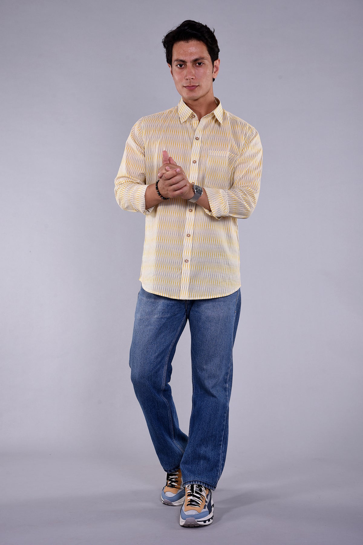 Yellow Cotton Printed Full Sleeve Men's Shirt