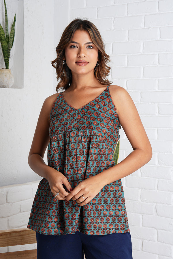 Strappy Mahi Top with Embroidery Detail in Jaipur Prints