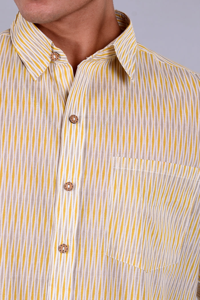 Yellow Cotton Printed  Men's Shirt