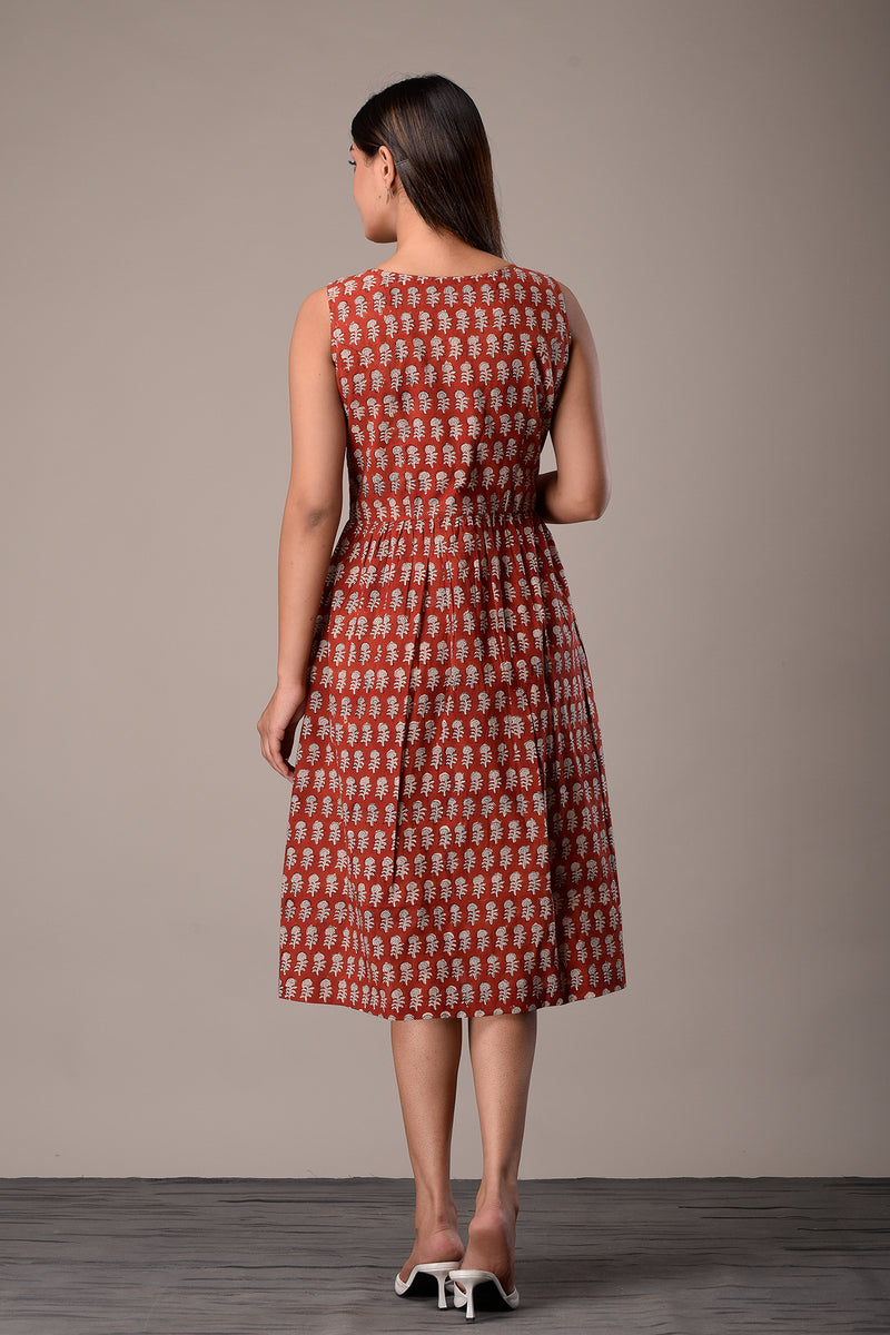 Bagru Printed Sleeveless Dress in Cotton Red
