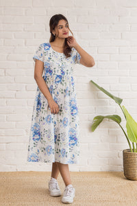 Printed Cotton Dress  in Blue Florals