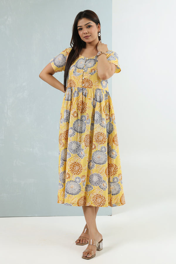 Printed Pintuck Siya Cotton Dress