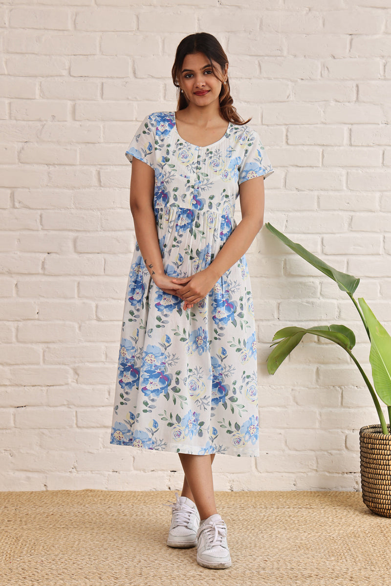 Printed Cotton Dress  in Blue Florals