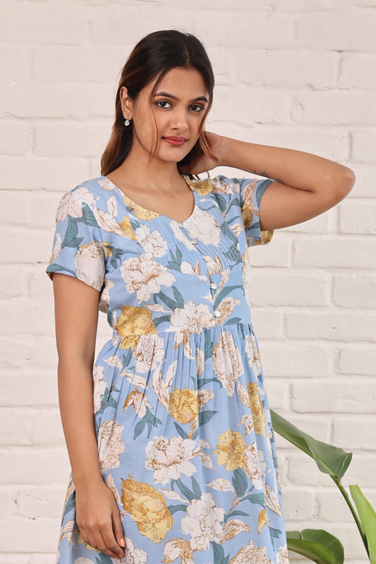 Printed Cotton Dress  in Blue Florals