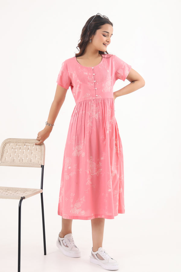Printed Pintuck Cotton Dress