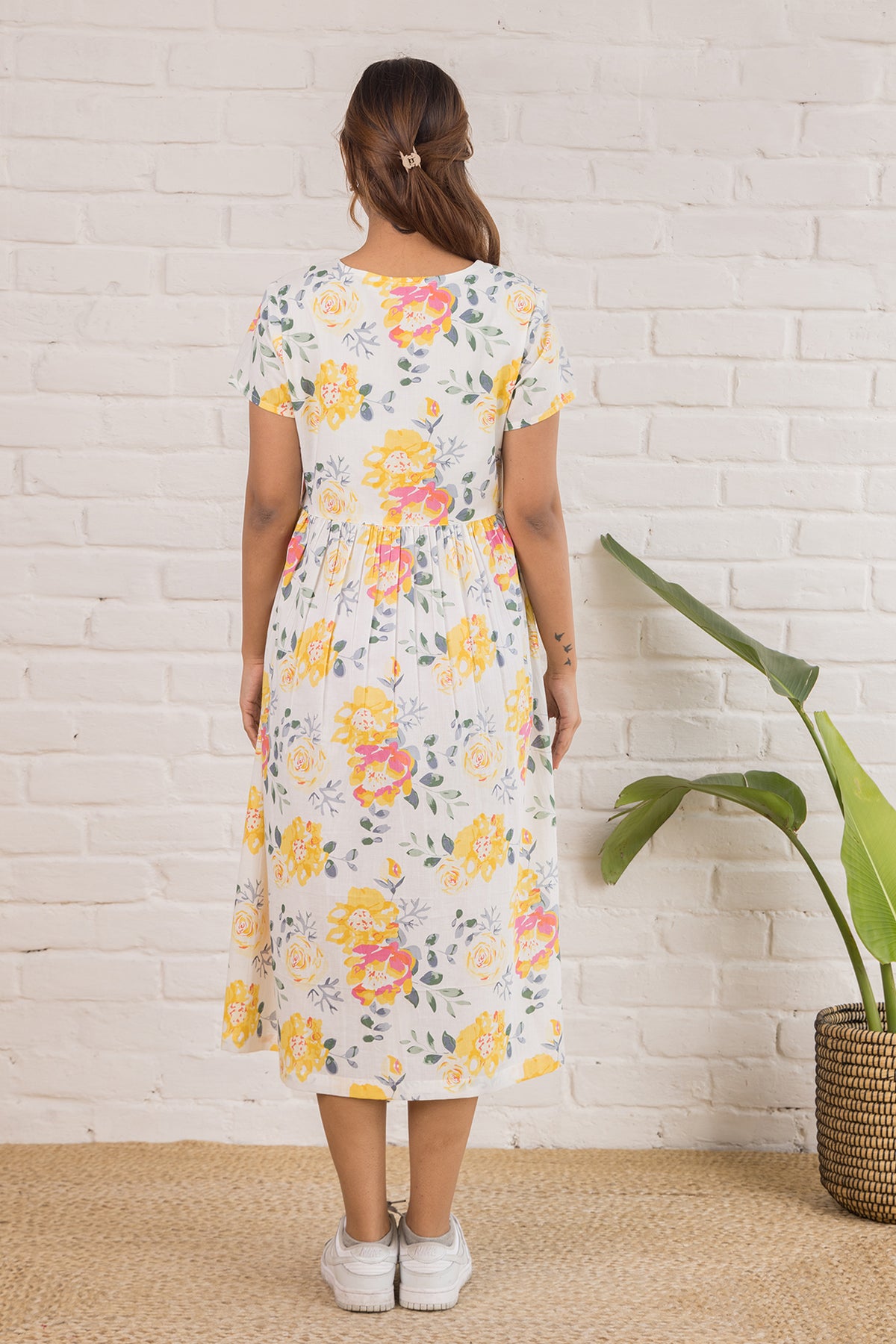 Printed Cotton Dress  in Yellow Florals