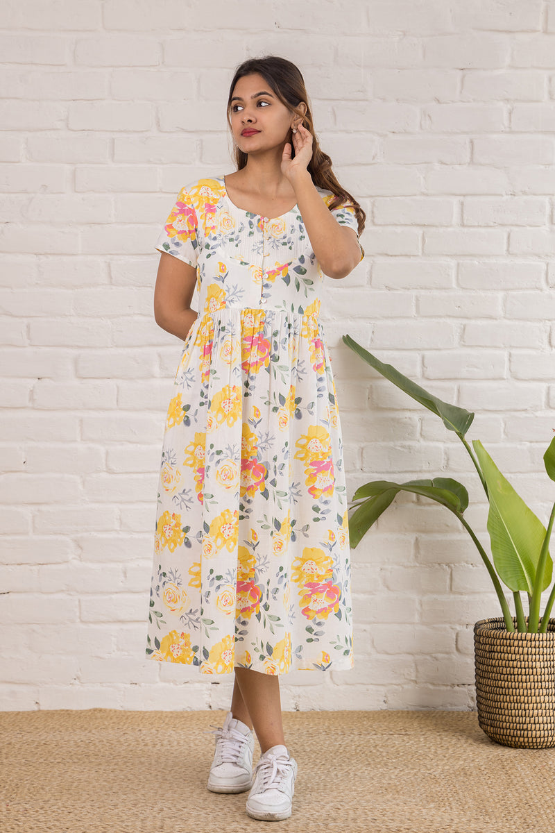 Printed Cotton Dress  in Yellow Florals