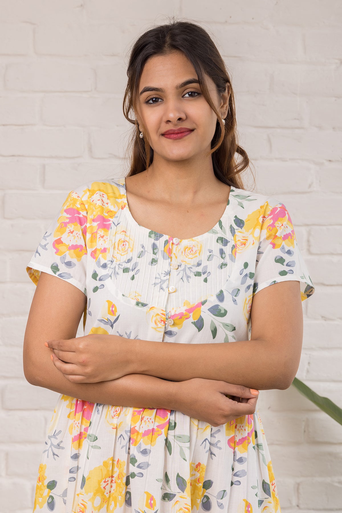 Printed Cotton Dress  in Yellow Florals