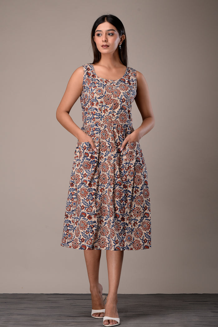 Bagru Printed Sleeveless Dress in Cotton Beige