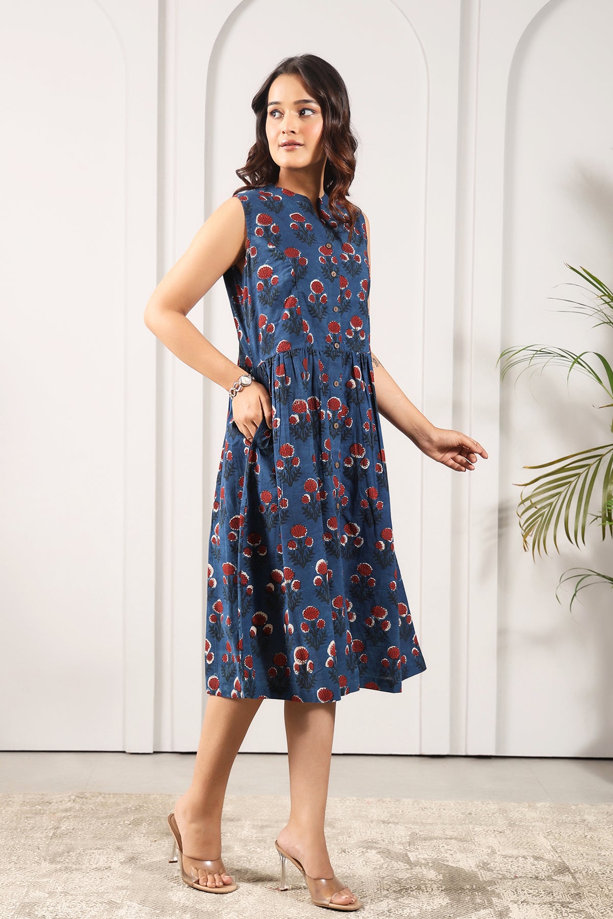 Bagru Printed Mandarin Collar Dress