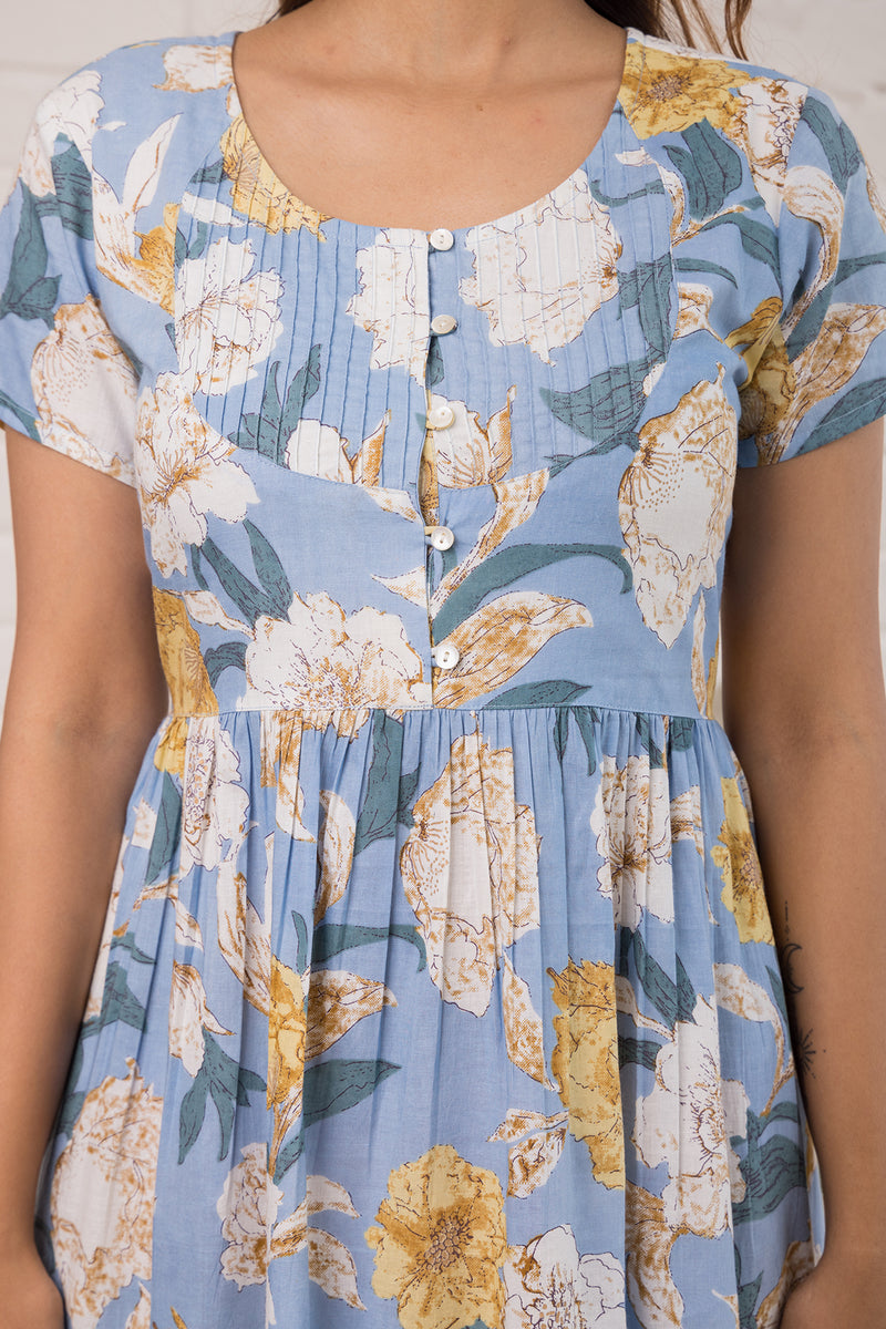 Printed Cotton Dress  in Pastel Blue Print