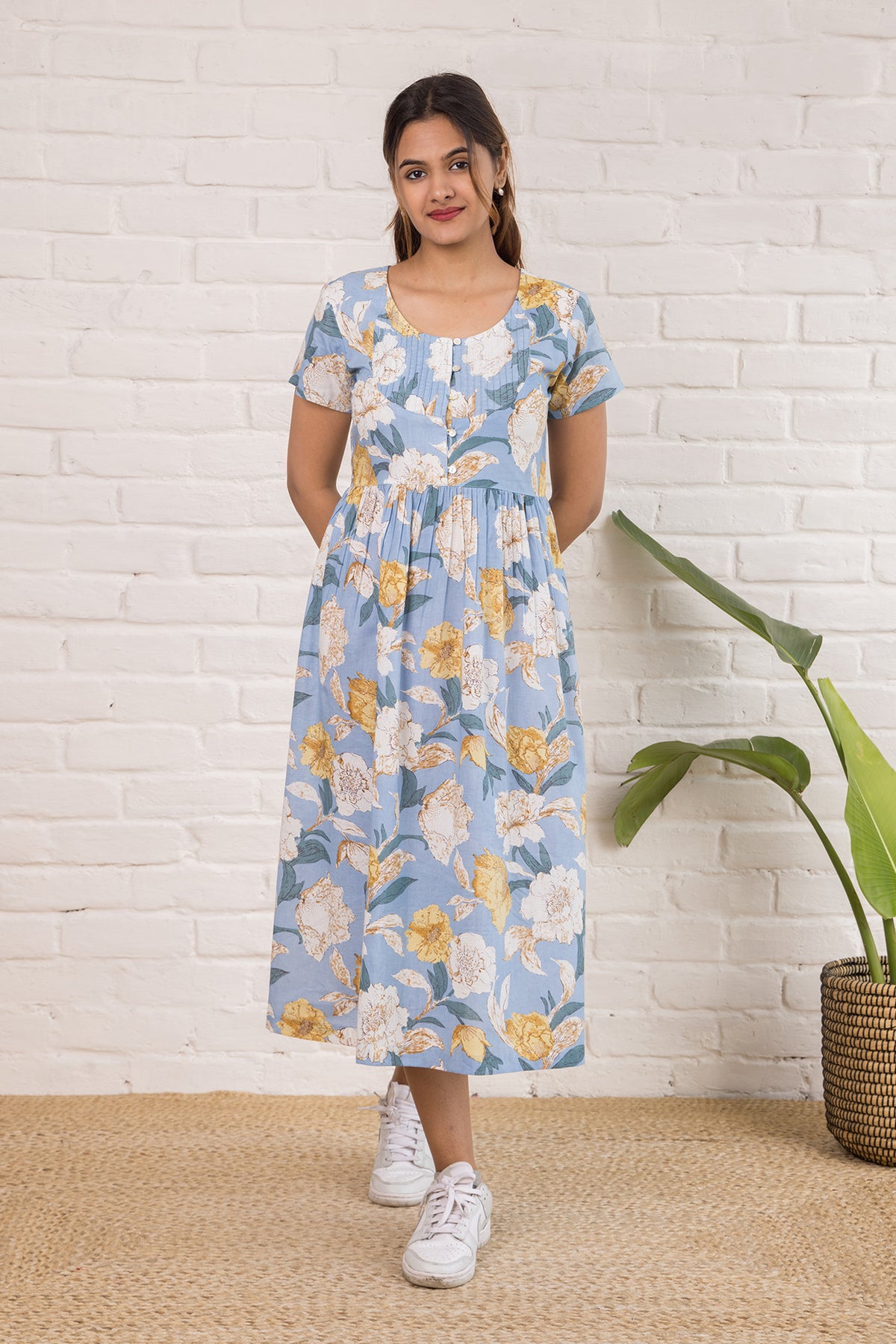 Printed Cotton Dress  in Pastel Blue Print