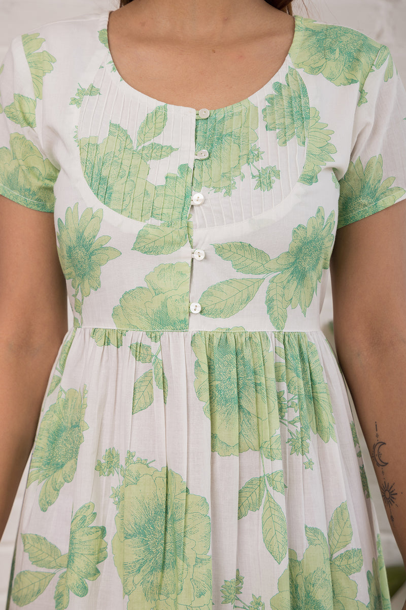 Printed Cotton Dress  in  Green