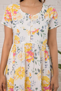 Printed Cotton Dress  in Yellow Florals