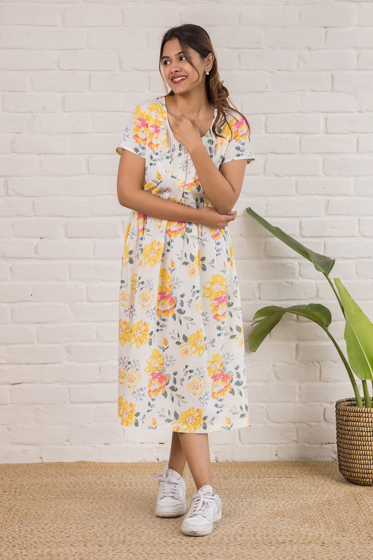 Printed Cotton Dress  in Yellow Florals