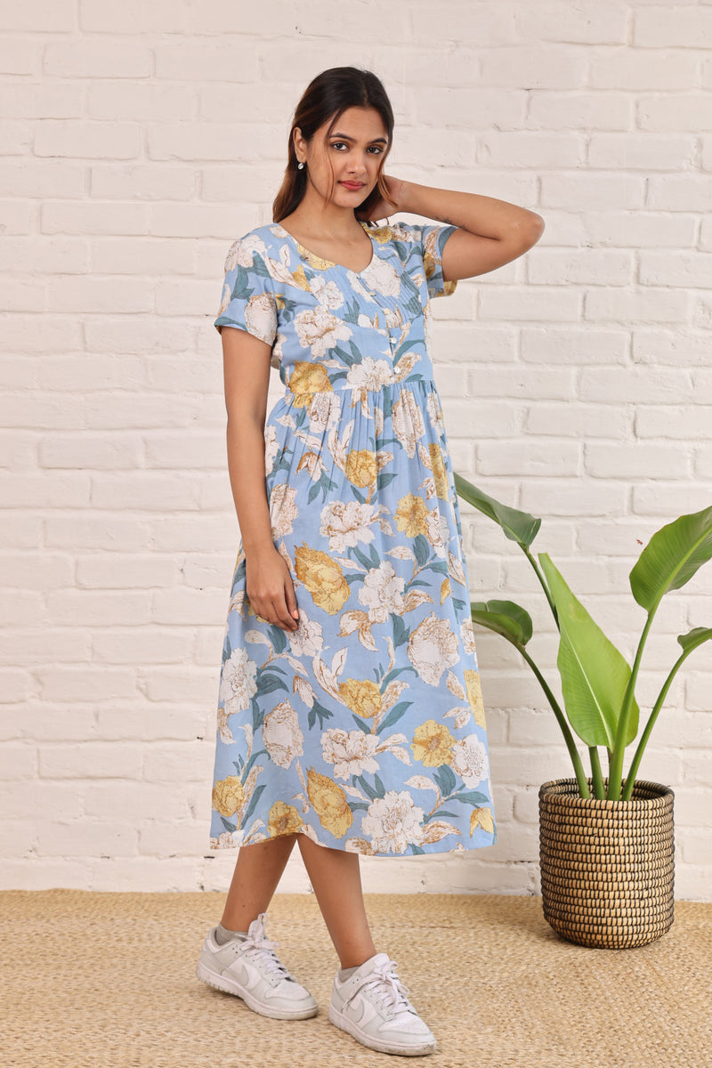 Printed Cotton Dress  in Pastel Blue Print