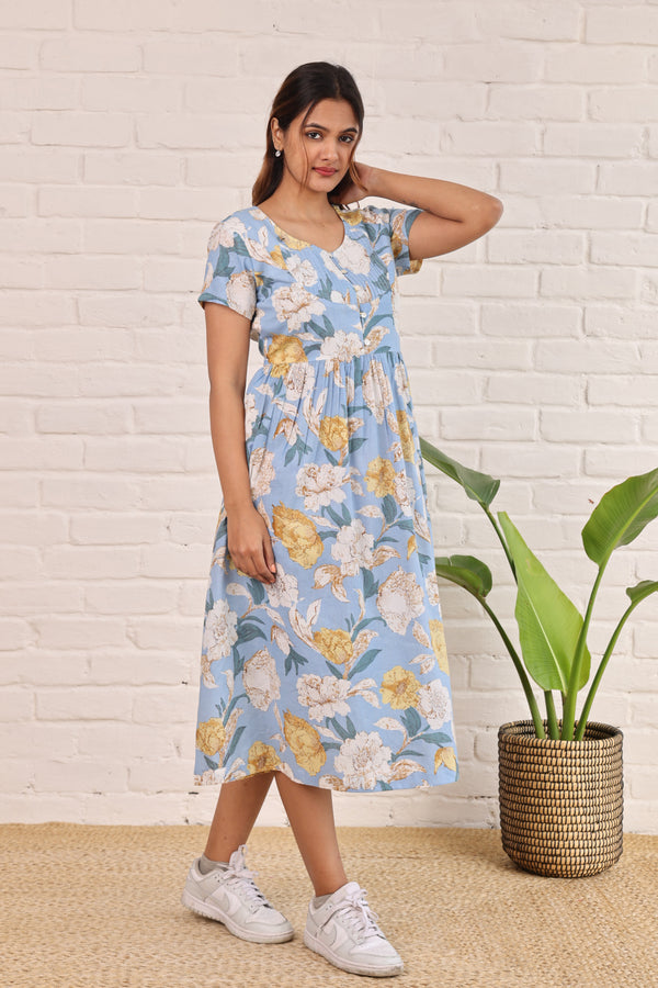 Printed Pintuck Siya Cotton Dress