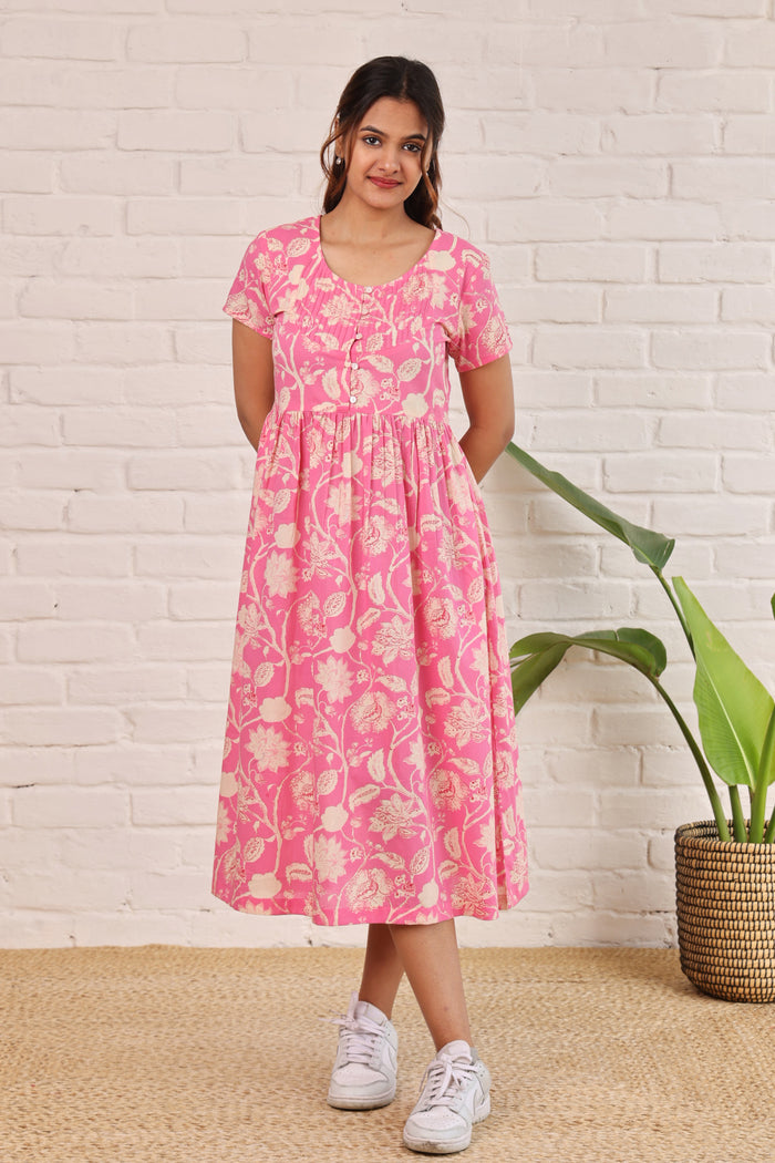 Printed Cotton Dress  in  Pink