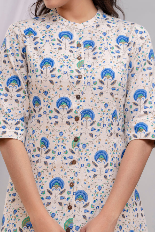 Floral Printed Buttoned Kurta in Flex Cotton Blue