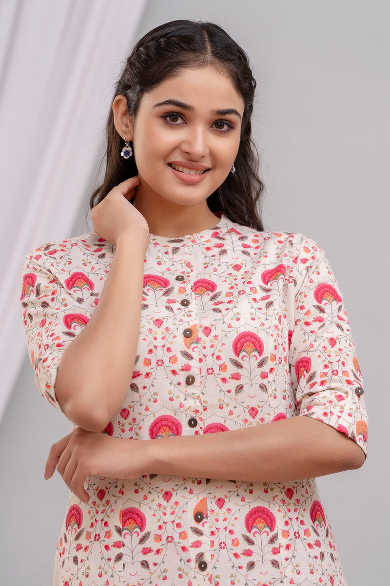 Floral Printed Buttoned Kurta in Flex Cotton Pink