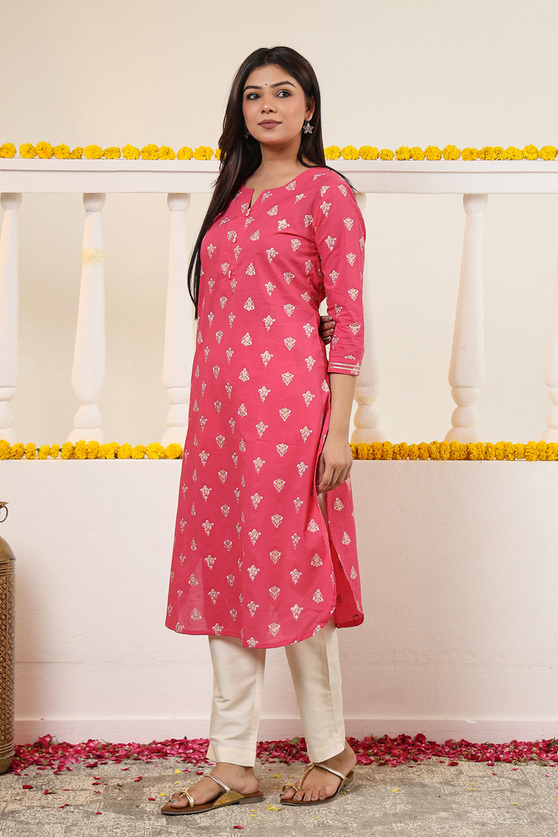 Cotton Gold print Kurta with Gota detail