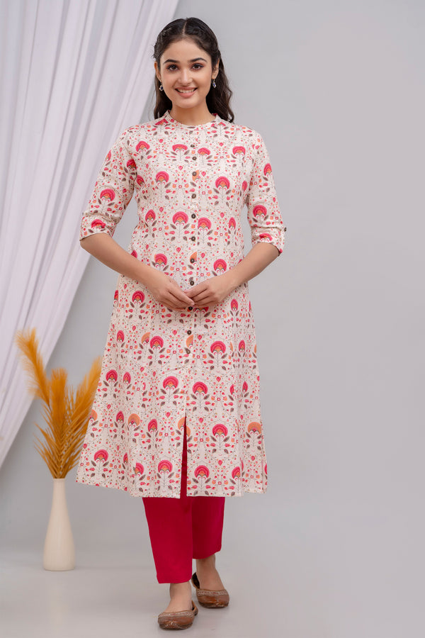 Floral Printed Buttoned Kurta in Flex Cotton Pink
