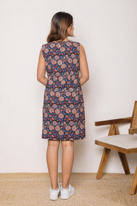 Short Shift Dress in Bagru Printed Cotton Indigo