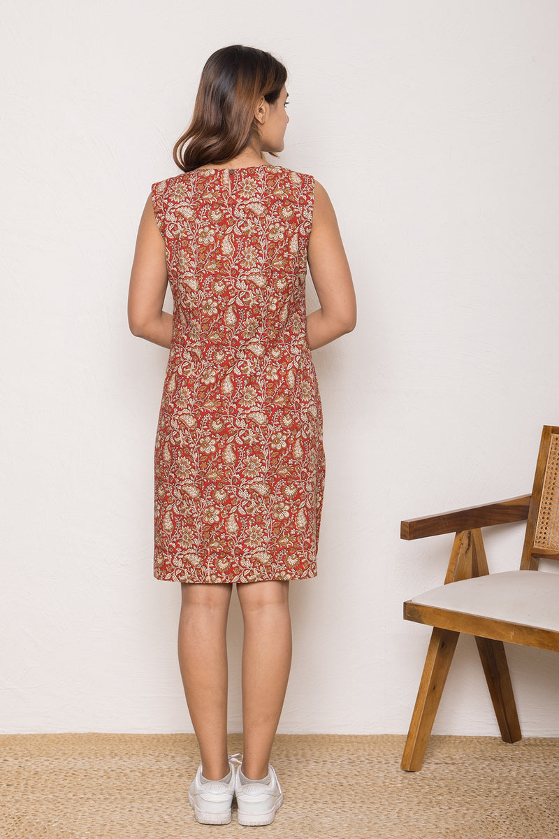 Short Shift Dress in Bagru Printed Cotton Red