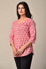 Shell Tucks Tunic in Cotton with Sanganeri Print
