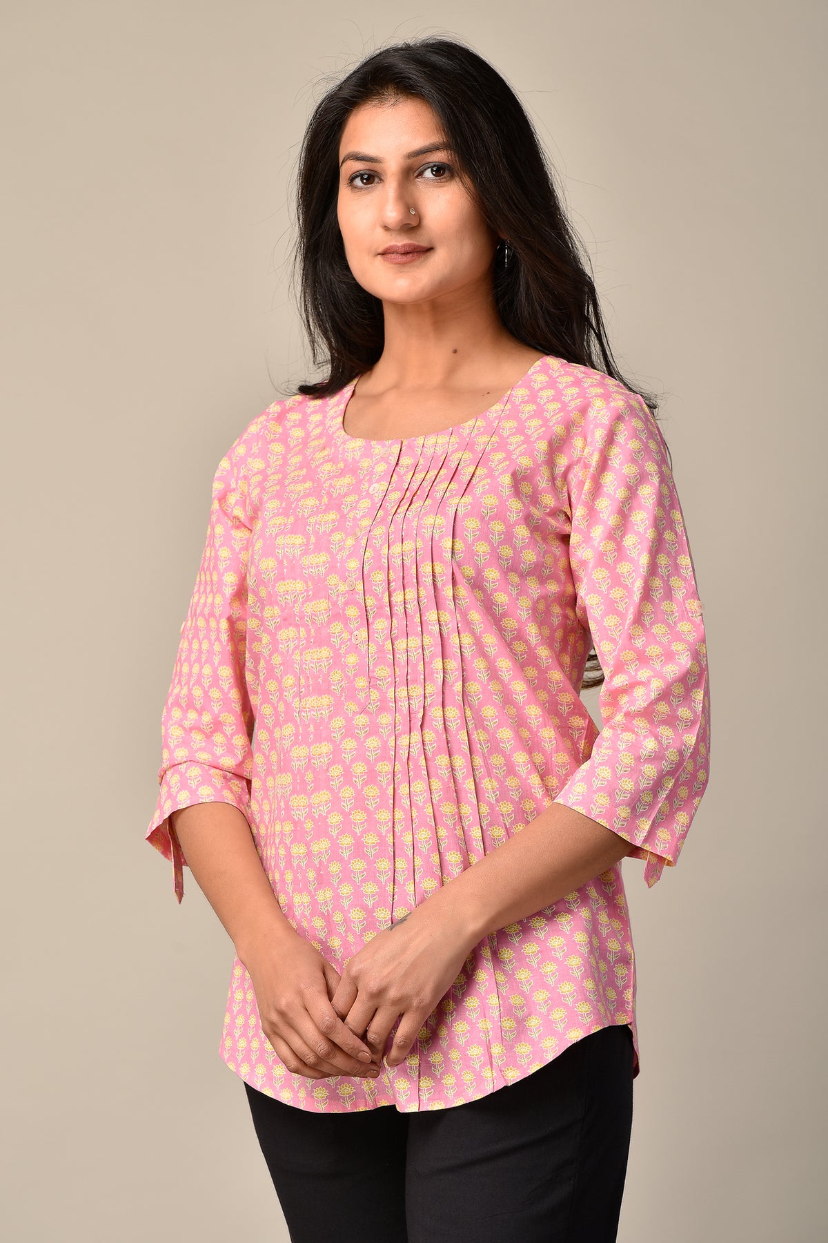 Shell Tucks Tunic in Cotton with Sanganeri Print