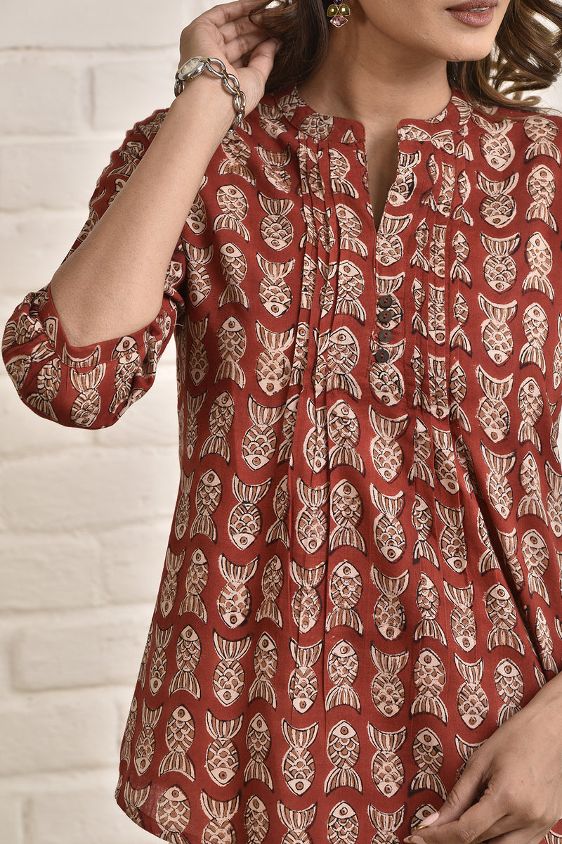 Womens Shell Tucks Tunic with Mandarin Collar