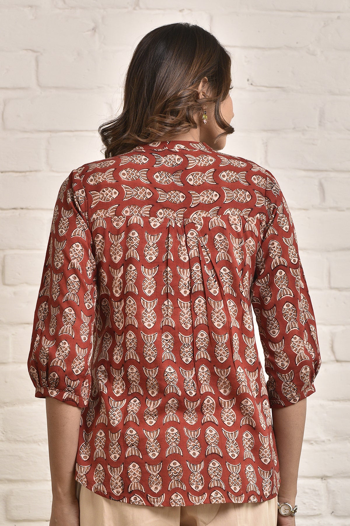 Womens Shell Tucks Tunic with Mandarin Collar