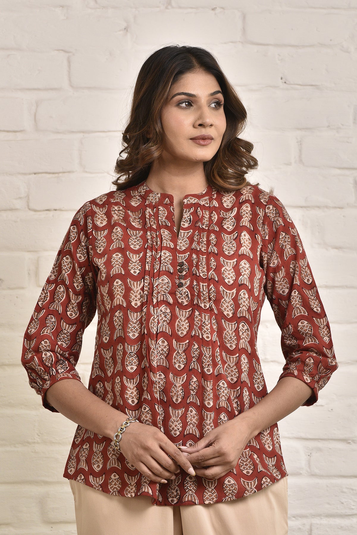 Womens Shell Tucks Tunic with Mandarin Collar