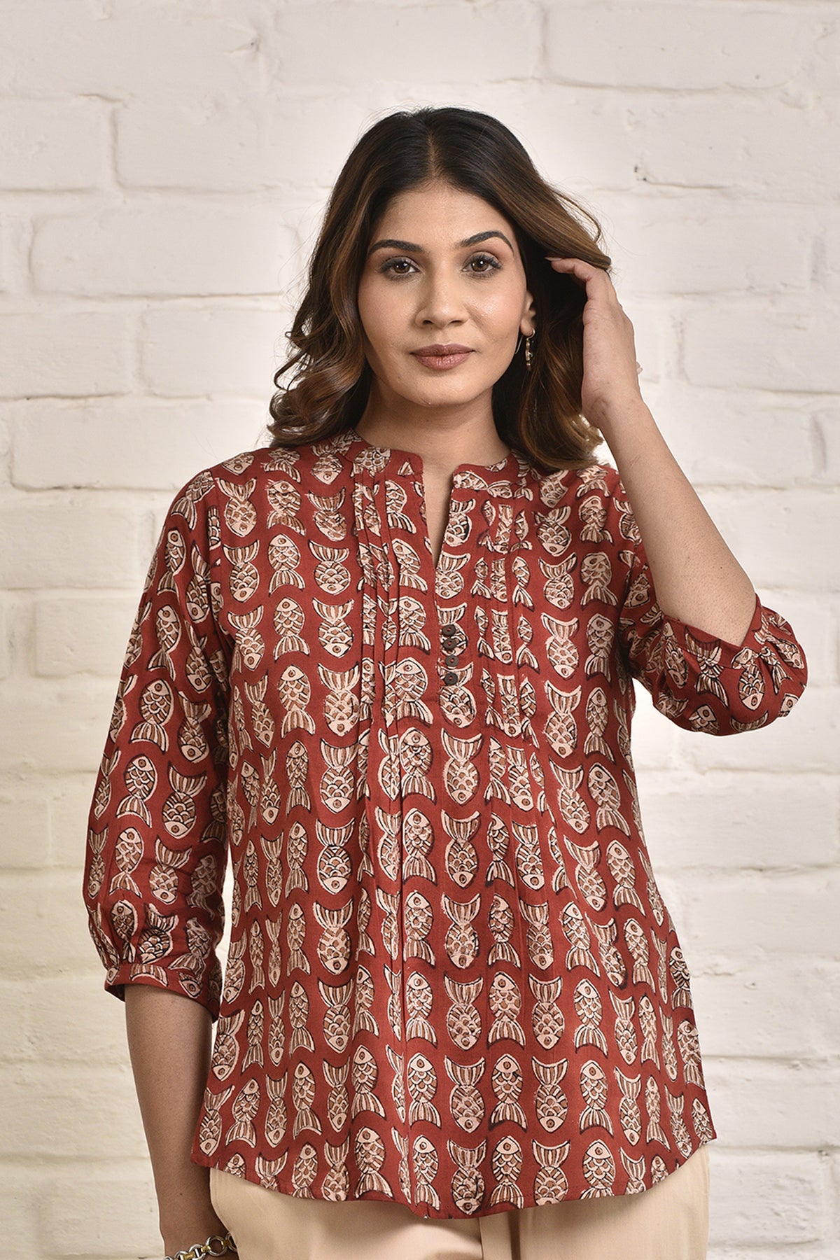 Womens Shell Tucks Tunic with Mandarin Collar