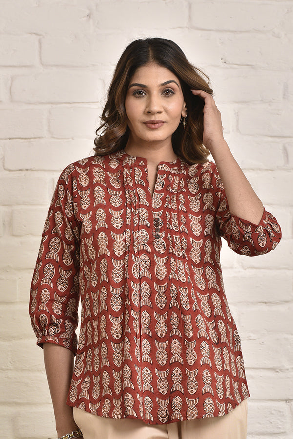 Womens Shell Tucks Tunic with Mandarin Collar