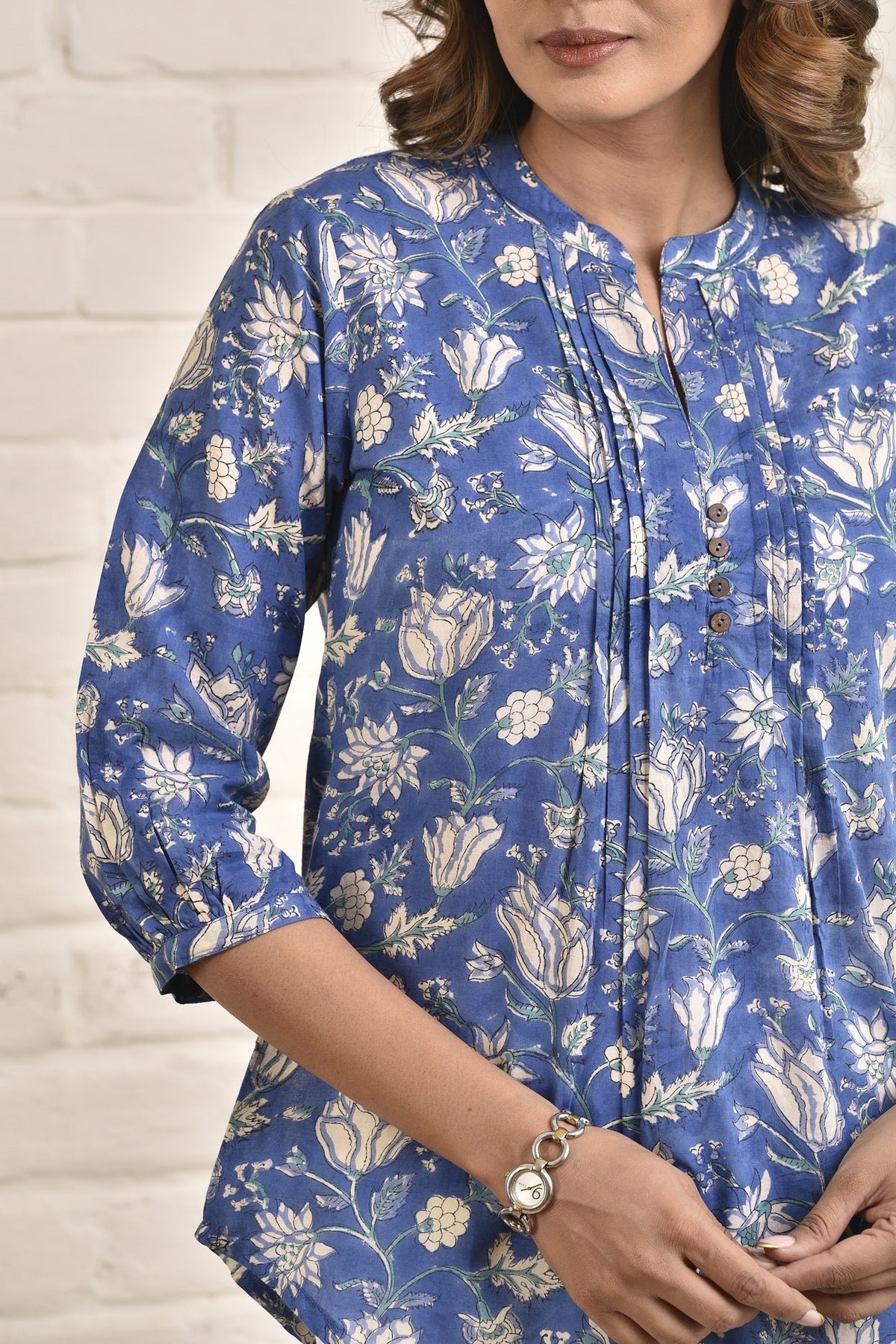 Womens Shell Tucks Tunic with Mandarin Collar