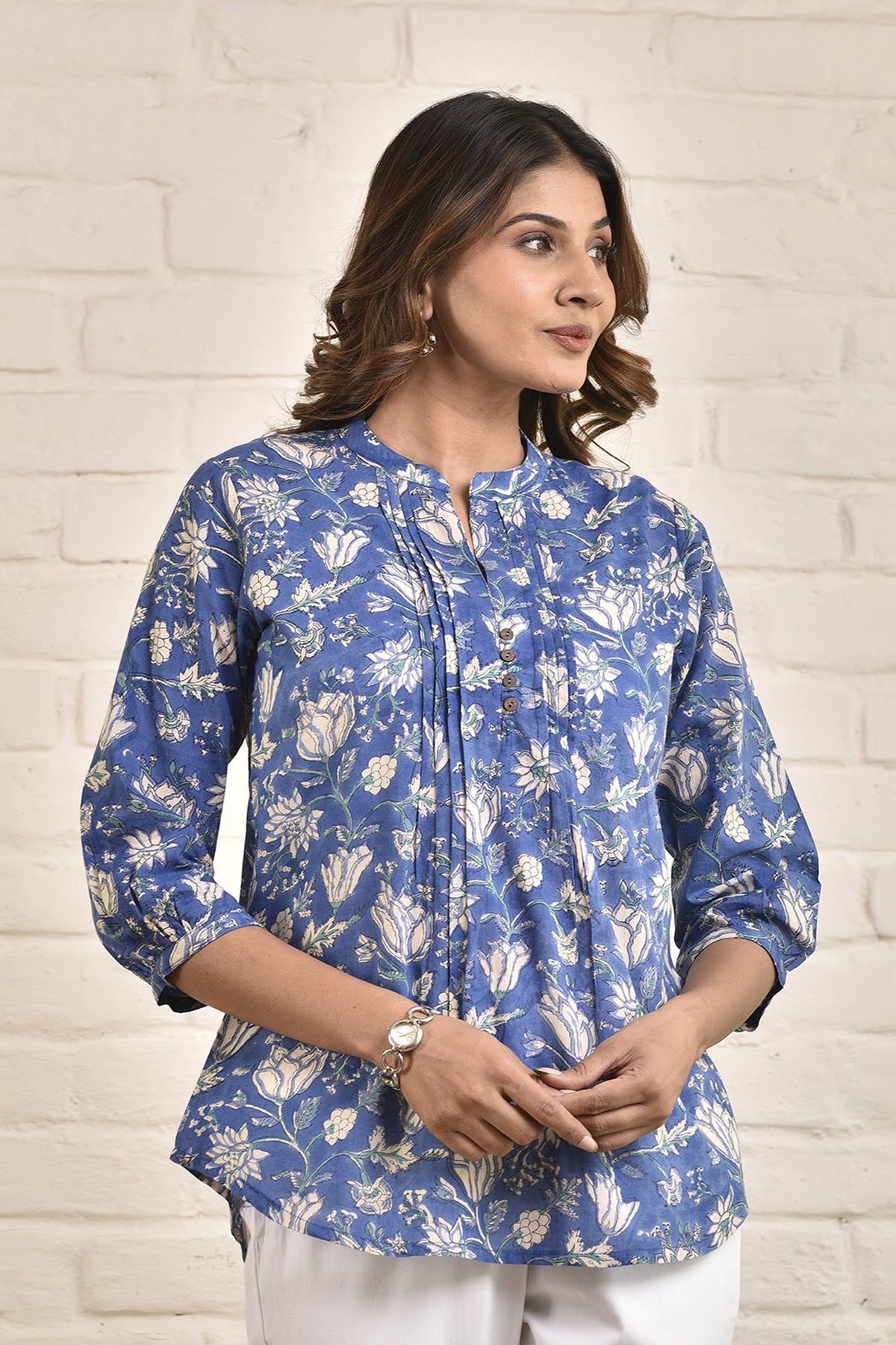 Womens Shell Tucks Tunic with Mandarin Collar