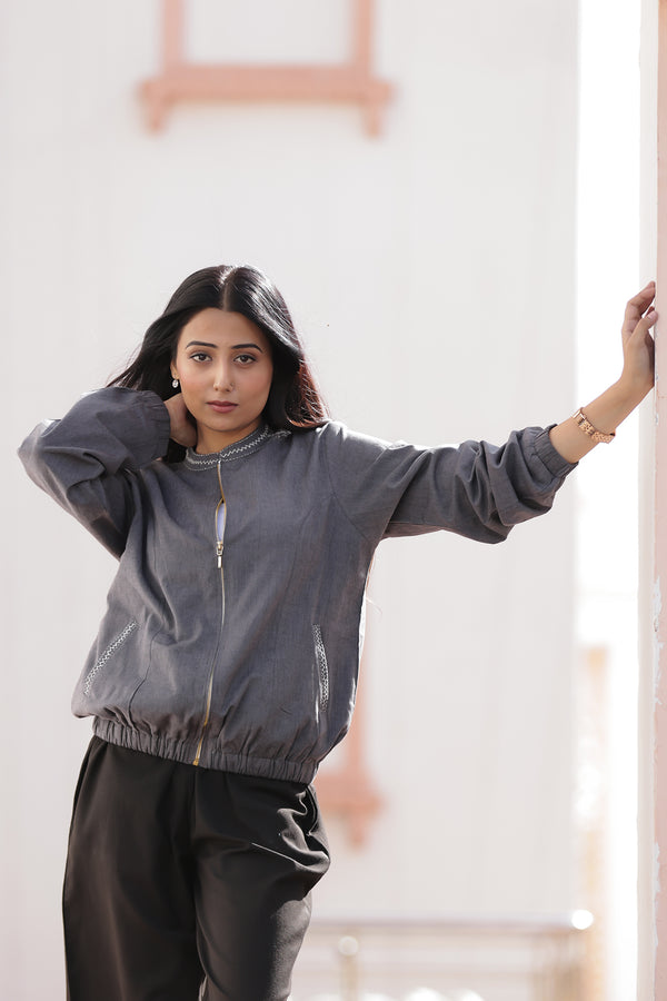 Zippered Cotton Bomber Jacket in Handloom Cotton.