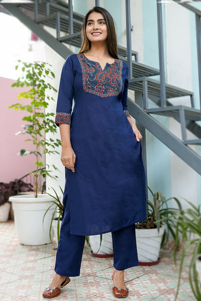 Ajarakh Detail Linen Blend Kurta Indigo