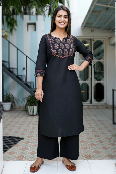 Ajarakh Detail Linen Blend Kurta Black