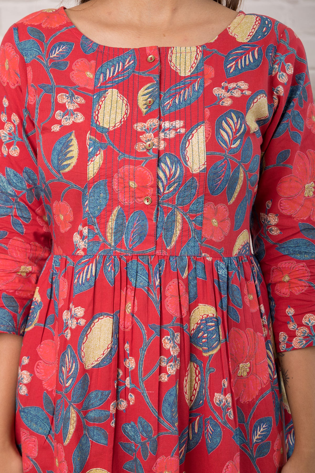 Printed Cotton  Dress with Stitch Detail in Red