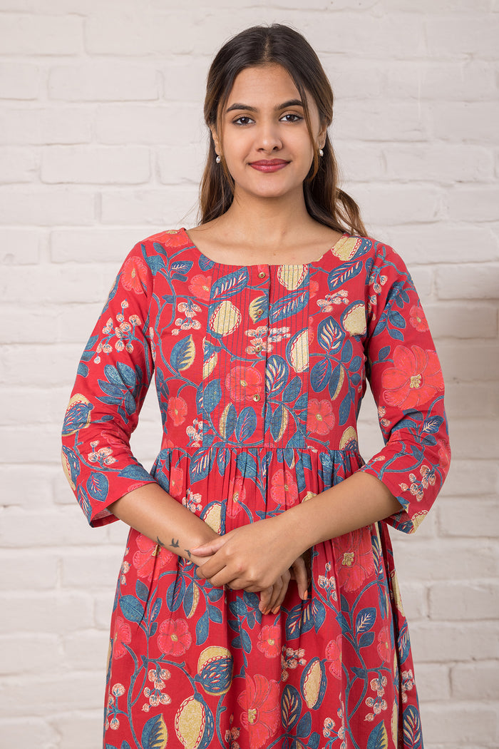 Printed Cotton  Dress with Stitch Detail in Red