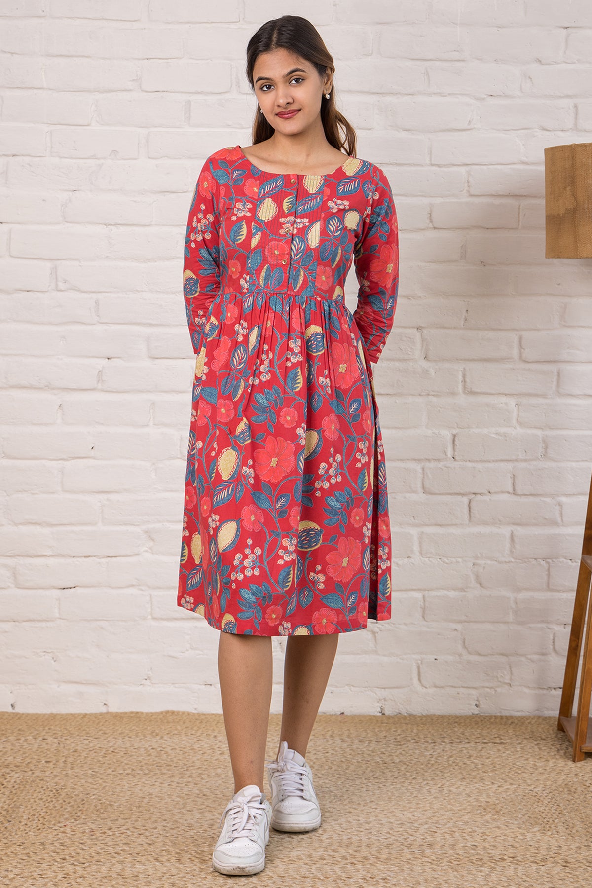 Printed Cotton  Dress with Stitch Detail in Red