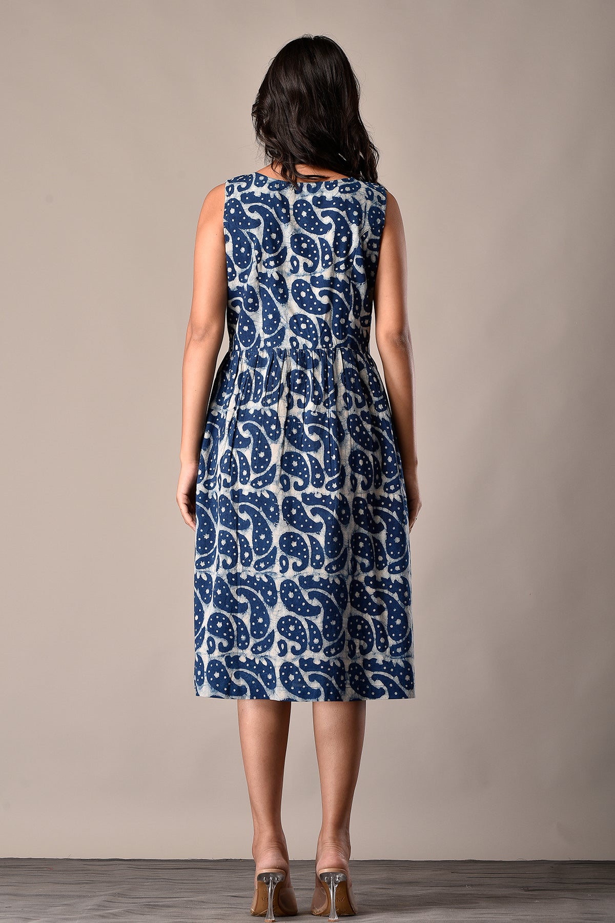 Bagru Printed Sleeveless Dress in Cotton in Indigo Kairi