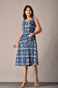 Bagru Printed Sleeveless Dress in Cotton in Indigo Kairi