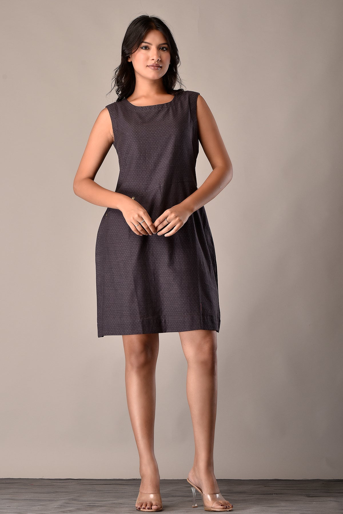 Short Shift Dress in Charcoal Handloom Cotton Indirookh Short Shift Dress in Charcoal Handloom Cotton Indirookh