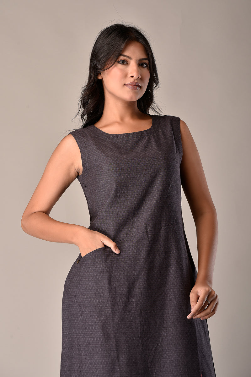 Women's Short Shift Dress in Charcoal Handloom Cotton